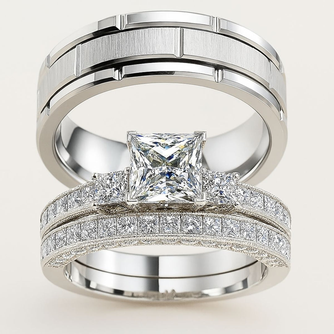Exquisite 'Morning Dawn' ring set by CouplesChoices.com, featuring a princess-cut diamond trio with pavé bands and a brushed platinum men’s ring—timeless elegance for modern love.