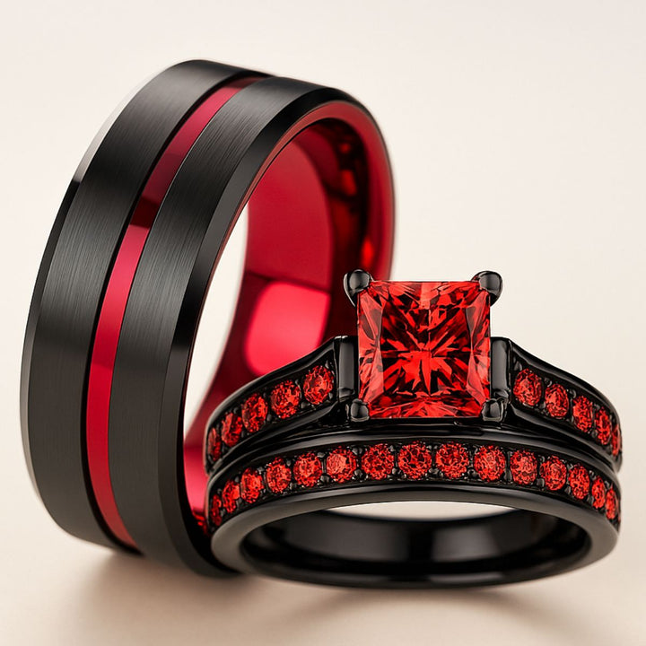Luxury Ruby Love Rings  — featuring a bold men’s band with a crimson inlay and a striking women’s engagement ring with a square-cut red gemstone and pavé red stones on a sleek black band. A striking symbol of love by CouplesChoices.com.