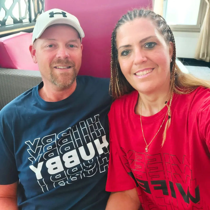 Matching couple shirts from CouplesChoices.com featuring bold “HUBBY” in white on navy and “WIFEY” in black on maroon. A modern, stylish way for married couples to celebrate love, unity, and commitment in everyday fashion.