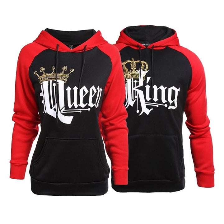 Matching red and black couple hoodies from CouplesChoices.com featuring bold gothic “King” and “Queen” lettering with gold crown graphics. A regal and romantic streetwear set designed for couples who rule in love and confidence.