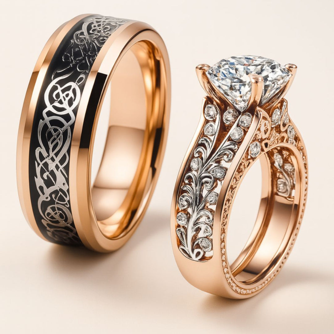 Romantic Love Rings by CouplesChoices.com, featuring a rose gold bridal set with a round-cut center stone, diamond-accented scrollwork, and a matching men’s band with black Celtic engraving.