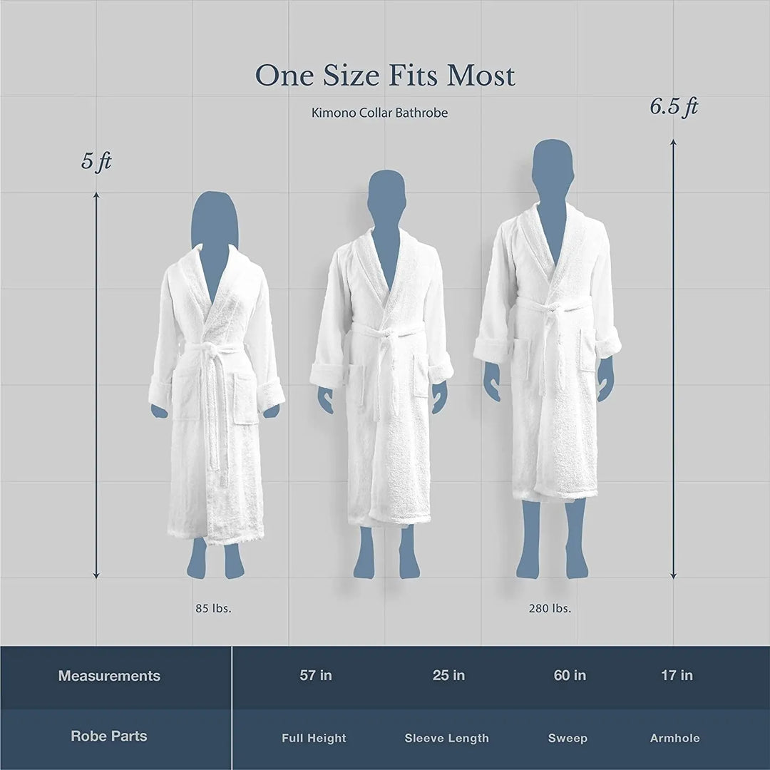 Unisex bathrobe size chart showing “One Size Fits Most” with robe dimensions and fit for heights 5 ft to 6.5 ft and weights 85–280 lbs.