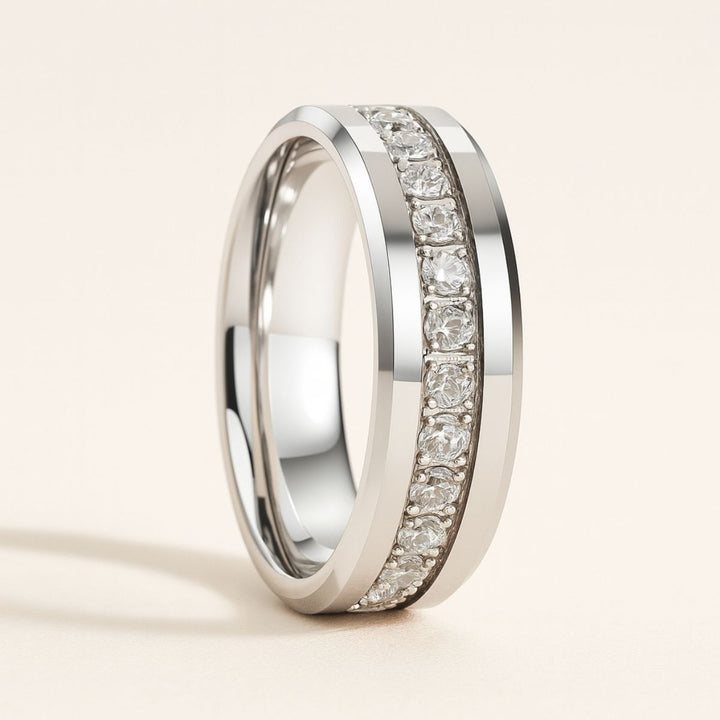 CouplesChoices.com Infinity Rings – A dazzling bridal set with a heart-shaped diamond cluster and pavé halos, paired with a men’s polished band inlaid with channel-set diamonds. A timeless expression of infinite love and luxury.