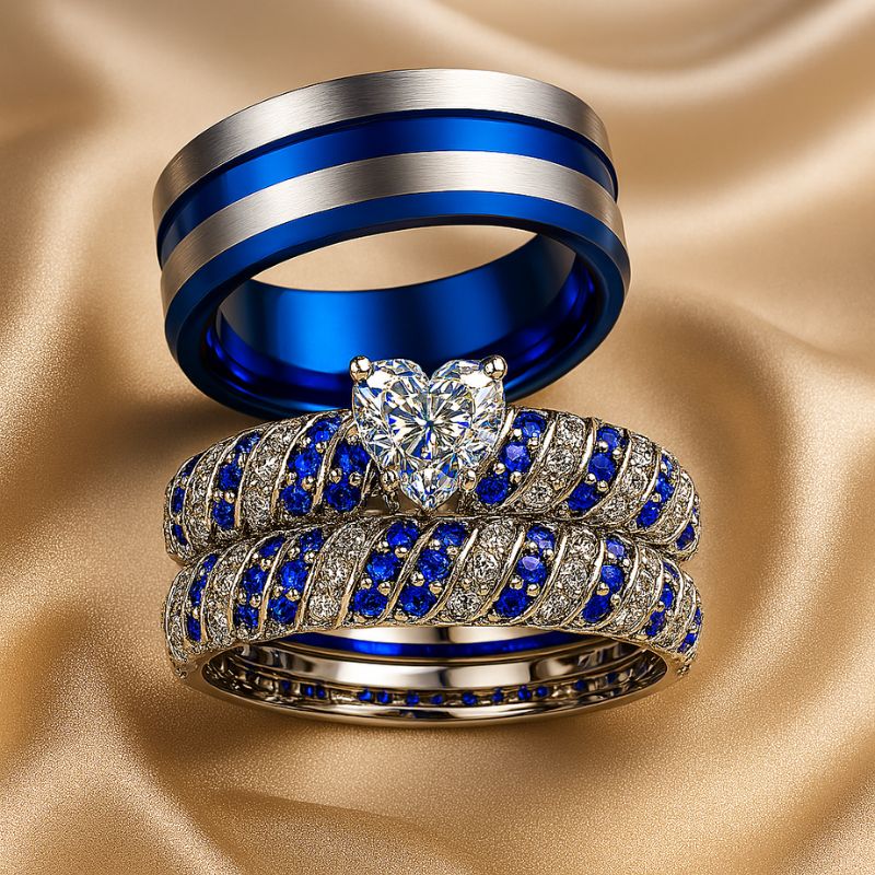 Blue Ocean wedding ring set from CouplesChoices.com, featuring a heart-shaped center stone flanked by pavé-set blue and white crystals in a twisted silver band, paired with a brushed silver and cobalt blue men's band.