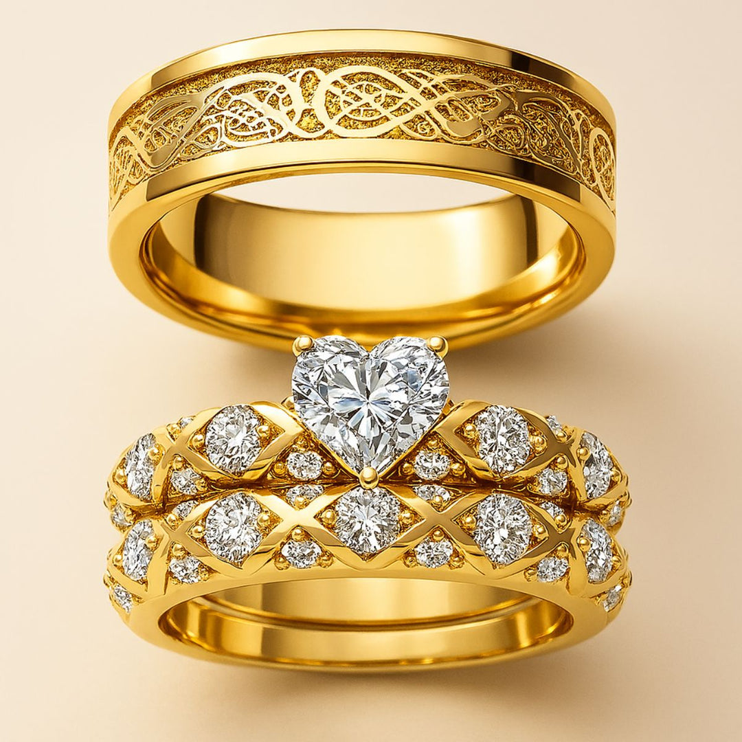 Celtic Dragon ring set by CouplesChoices.com, featuring a gold band with intricate dragon-scale etching and a heart-cut diamond atop quilted pavé bands—designed to honor timeless love and legacy.