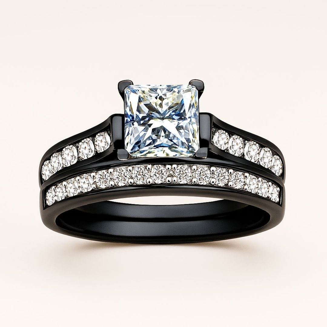 Ceremony Rings from CouplesChoices.com, featuring Celtic-inspired engravings on the men’s band and a radiant princess-cut diamond on the women’s set, accented with rows of radiant white stones—crafted for timeless commitment.
