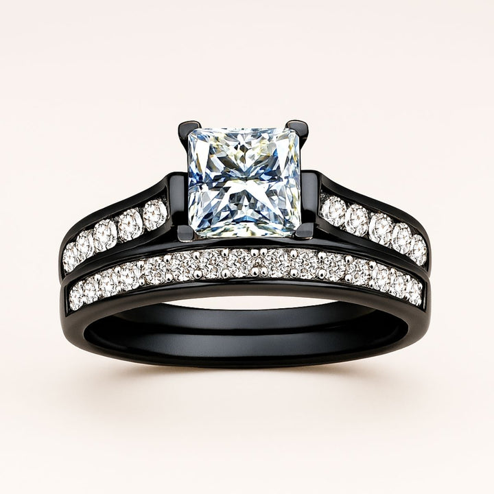 Ceremony Rings from CouplesChoices.com, featuring Celtic-inspired engravings on the men’s band and a radiant princess-cut diamond on the women’s set, accented with rows of radiant white stones—crafted for timeless commitment.