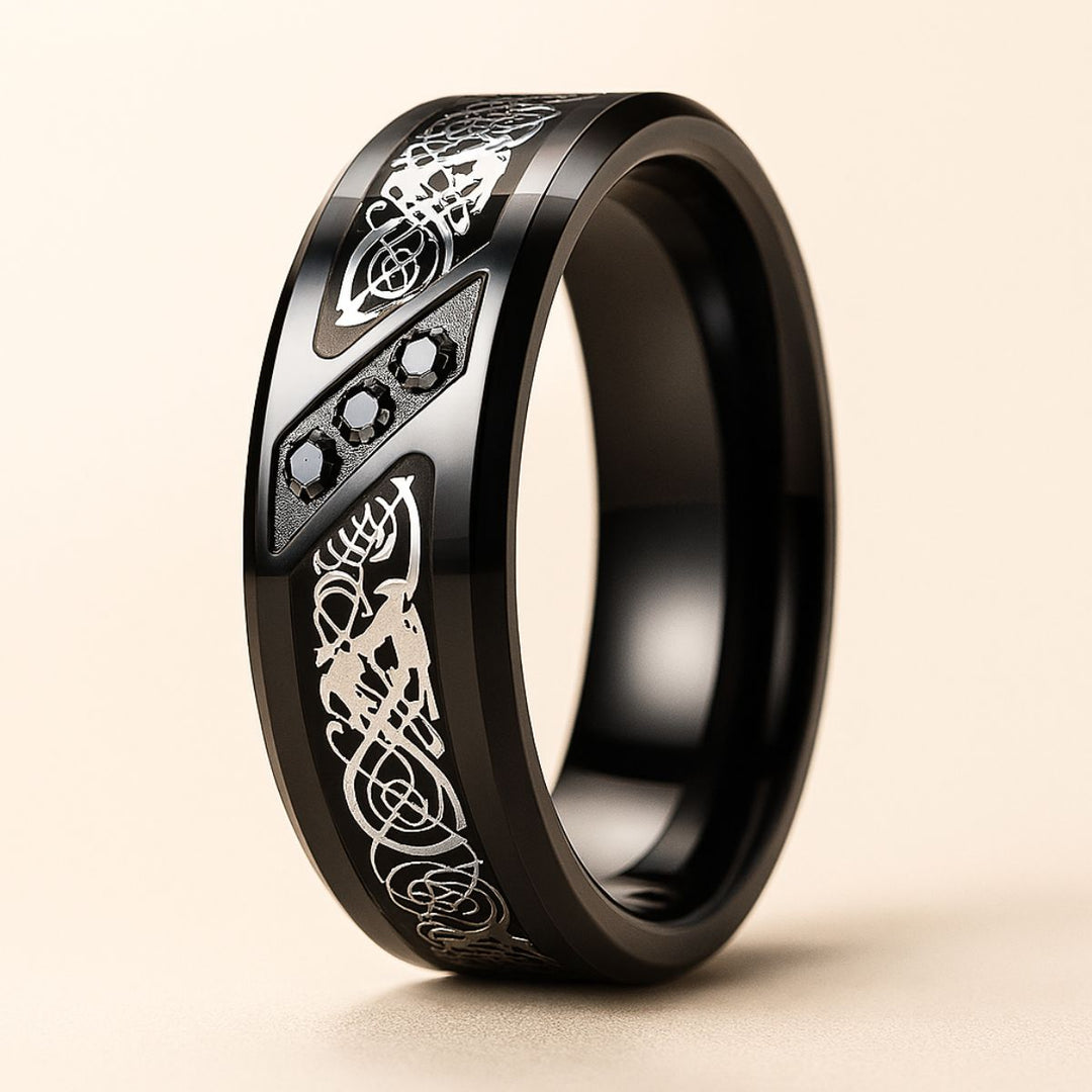 Ceremony Rings from CouplesChoices.com, featuring Celtic-inspired engravings on the men’s band and a radiant princess-cut diamond on the women’s set, accented with rows of radiant white stones—crafted for timeless commitment.