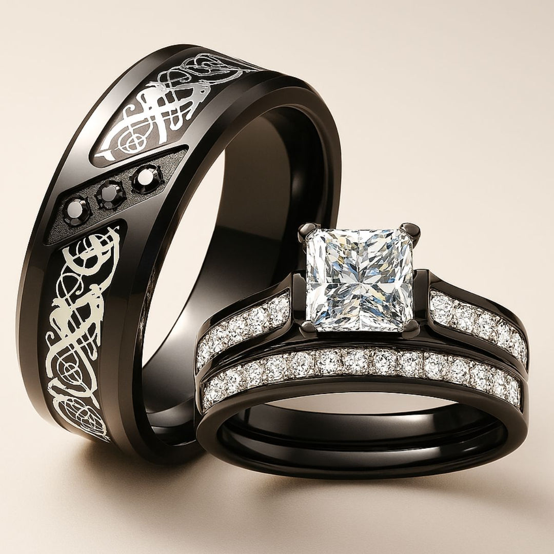 Ceremony Rings from CouplesChoices.com, featuring Celtic-inspired engravings on the men’s band and a radiant princess-cut diamond on the women’s set, accented with rows of radiant white stones—crafted for timeless commitment.