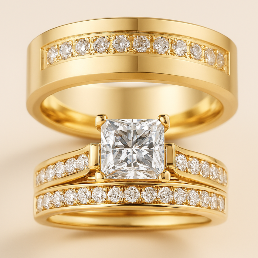 CouplesChoices.com Gold Royalty Rings – A radiant bridal set with a princess-cut diamond and pavé accents, paired with a bold men’s gold band featuring channel-set diamonds. A powerful symbol of regal love and lifelong unity.