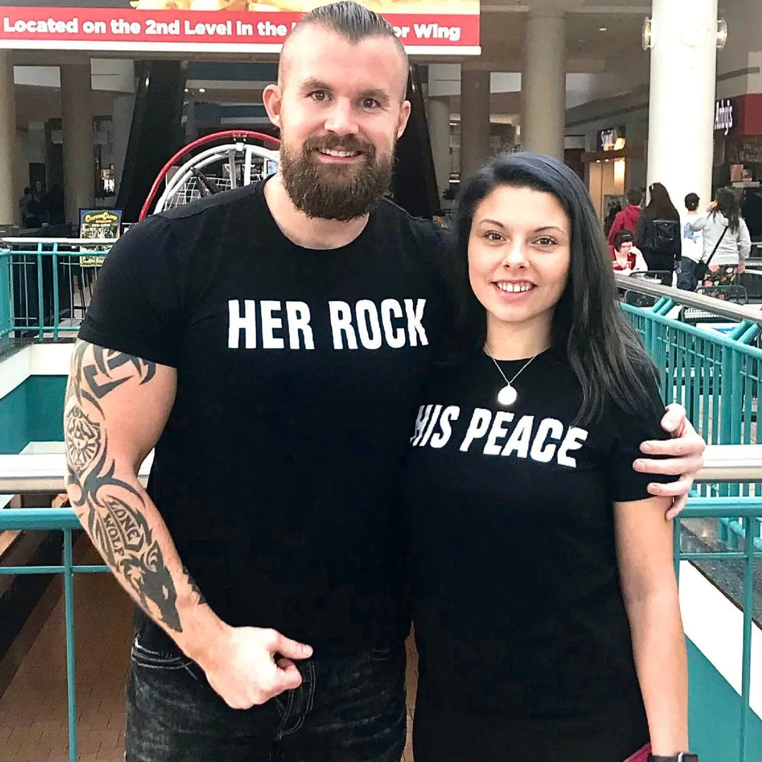 CouplesChoices.com 'Her Rock' & 'His Peace' shirts—bold matching tees for couples who embody strength and serenity. A perfect statement of balance, loyalty, and lasting love.