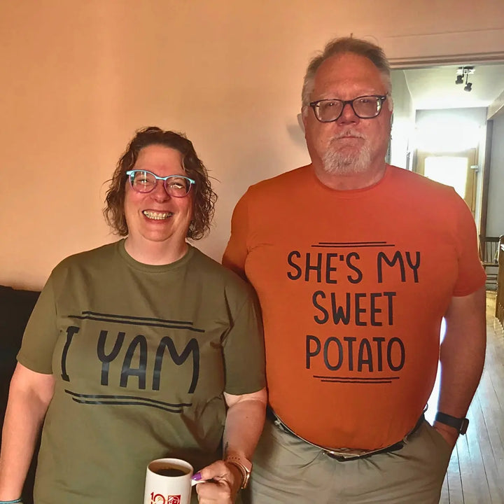 CouplesChoices.com ‘I Yam’ & ‘She’s My Sweet Potato’ shirts—playful, pun-filled matching tees for couples who love laughter, comfort, and showing off their perfectly seasoned love.