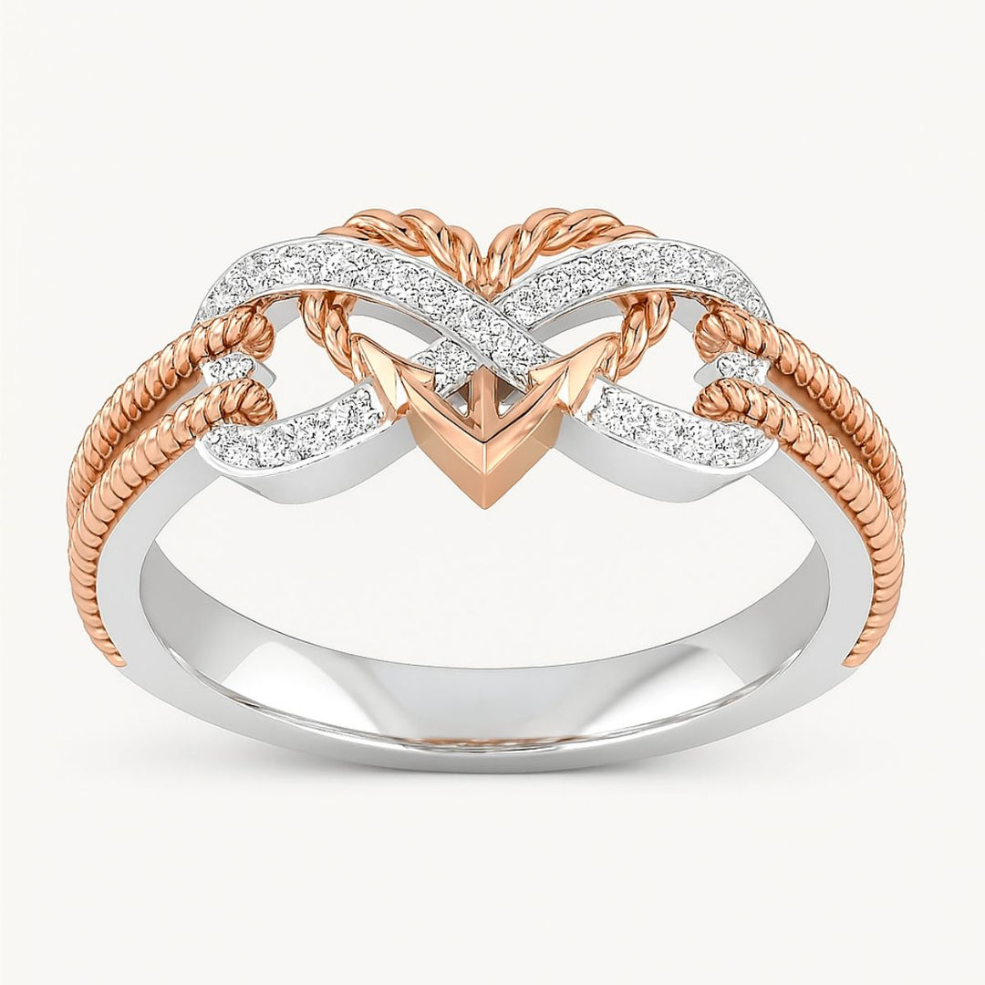 CouplesChoices.com Love Again Rings – Matching set with a men’s brushed rose gold and tungsten band featuring a bezel-set diamond, and a women’s infinity-heart ring in rose gold and pavé diamonds. Elegant symbols of timeless love.