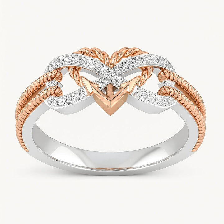 CouplesChoices.com Love Again Rings – Matching set with a men’s brushed rose gold and tungsten band featuring a bezel-set diamond, and a women’s infinity-heart ring in rose gold and pavé diamonds. Elegant symbols of timeless love.