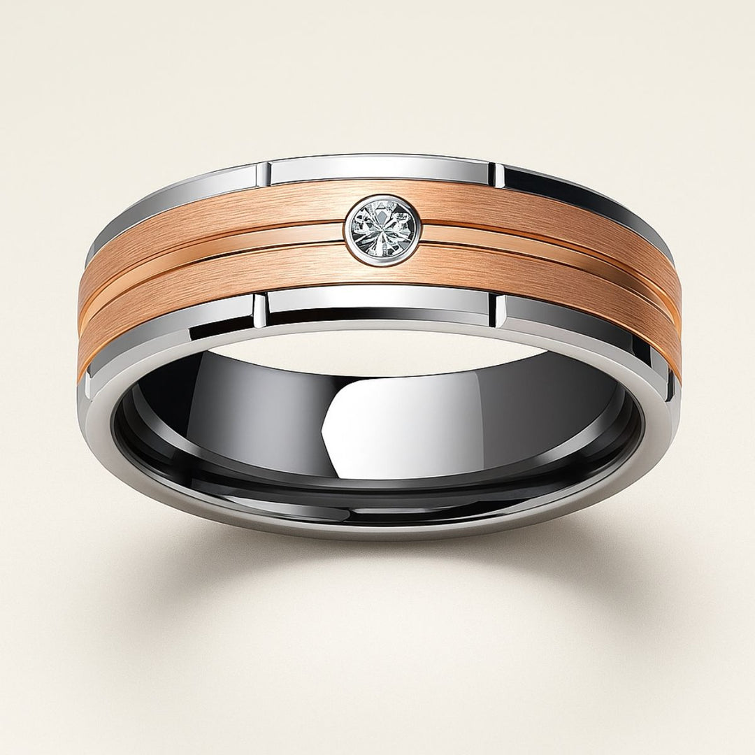 CouplesChoices.com Love Again Rings – Matching set with a men’s brushed rose gold and tungsten band featuring a bezel-set diamond, and a women’s infinity-heart ring in rose gold and pavé diamonds. Elegant symbols of timeless love.