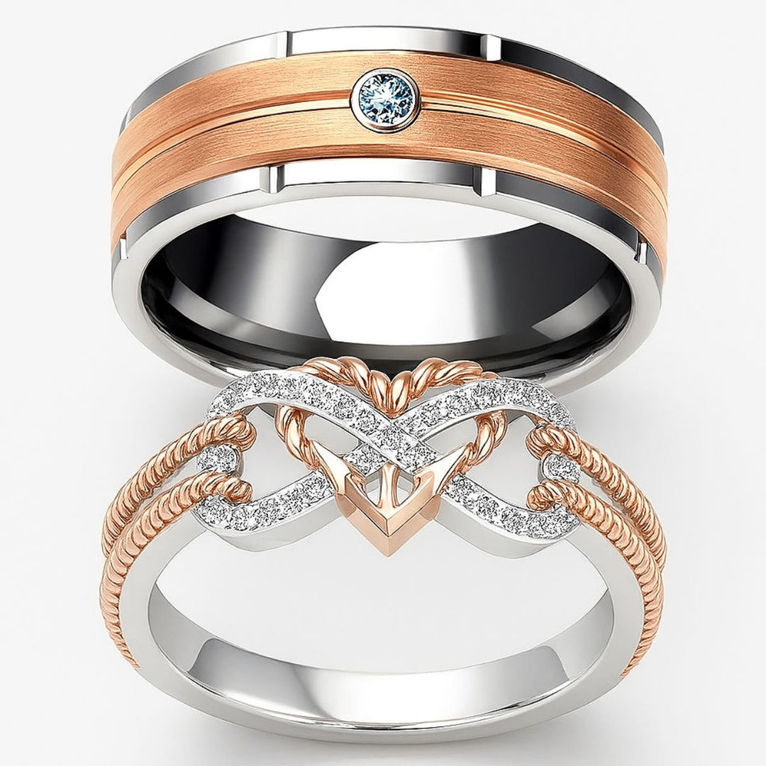 CouplesChoices.com Love Again Rings – Matching set with a men’s brushed rose gold and tungsten band featuring a bezel-set diamond, and a women’s infinity-heart ring in rose gold and pavé diamonds. Elegant symbols of timeless love.
