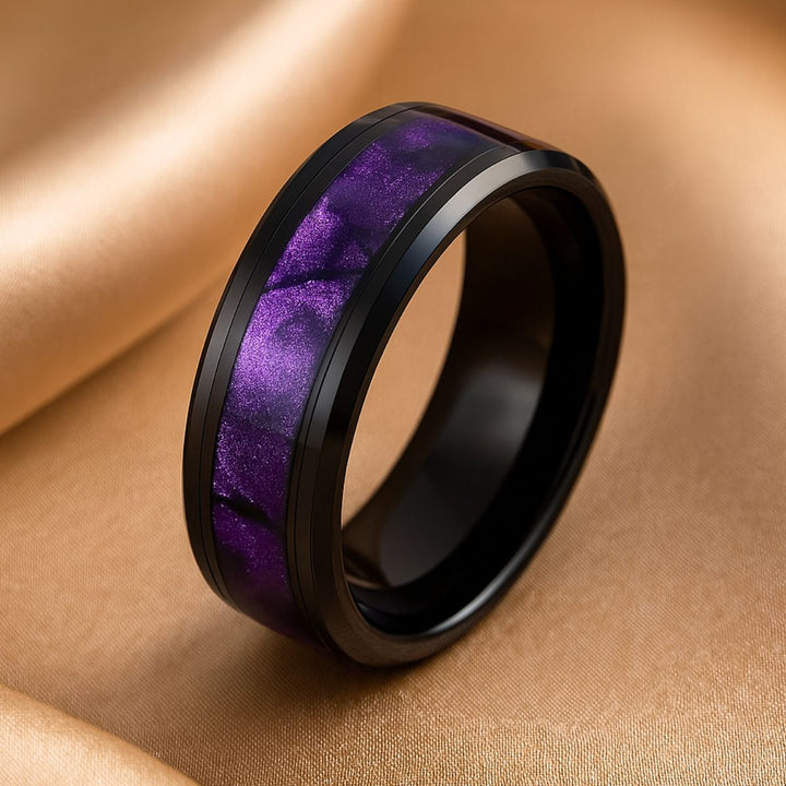 CouplesChoices.com Purple Wings Rings – A striking black-plated set featuring a butterfly-shaped amethyst ring and a matching band with shimmering violet inlay. Bold, romantic, and beautifully symbolic of transformation and eternal love.