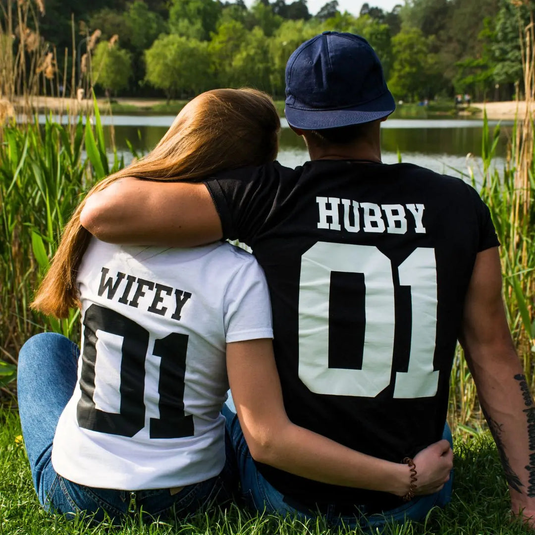 CouplesChoices.com matching ‘Wifey 01’ and ‘Hubby 01’ shirts – a bold, modern expression of love and unity, perfect for couples who ride together, adventure together, and lead as one.
