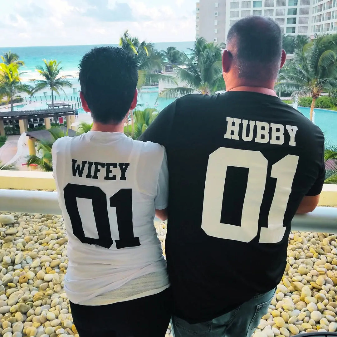 CouplesChoices.com matching ‘Wifey 01’ and ‘Hubby 01’ shirts – a bold, modern expression of love and unity, perfect for couples who ride together, adventure together, and lead as one.