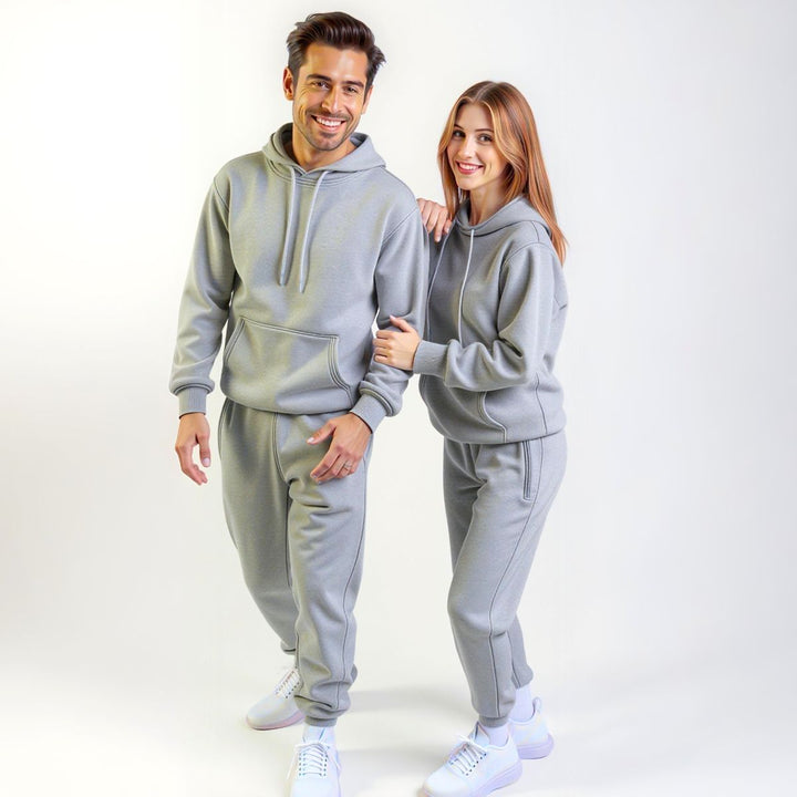 Couples confidently showcasing matching grey tracksuits from CouplesChoices.com, blending elevated comfort and minimalist style—ideal for modern loungewear or coordinated casual outings.