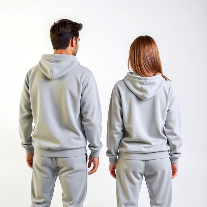 Couples confidently showcasing matching grey tracksuits from CouplesChoices.com, blending elevated comfort and minimalist style—ideal for modern loungewear or coordinated casual outings.
