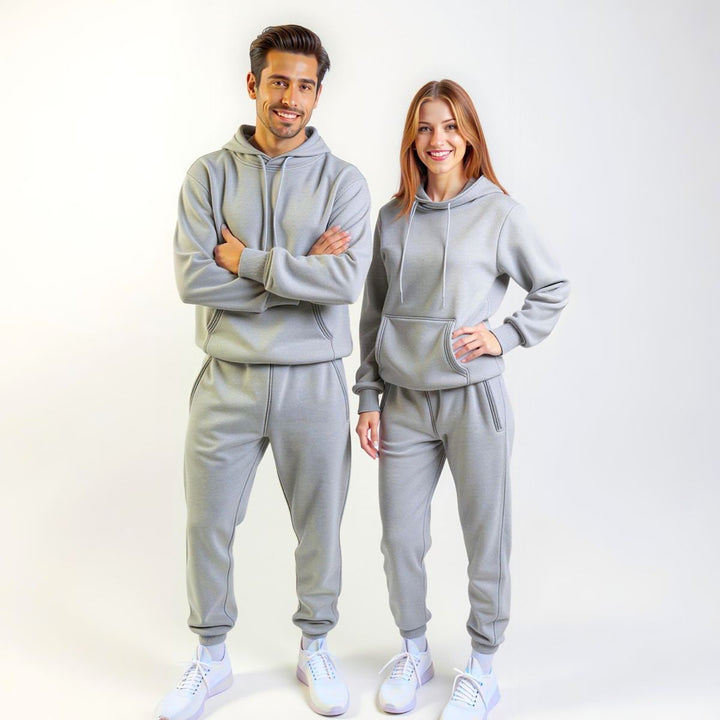 Couples confidently showcasing matching grey tracksuits from CouplesChoices.com, blending elevated comfort and minimalist style—ideal for modern loungewear or coordinated casual outings.