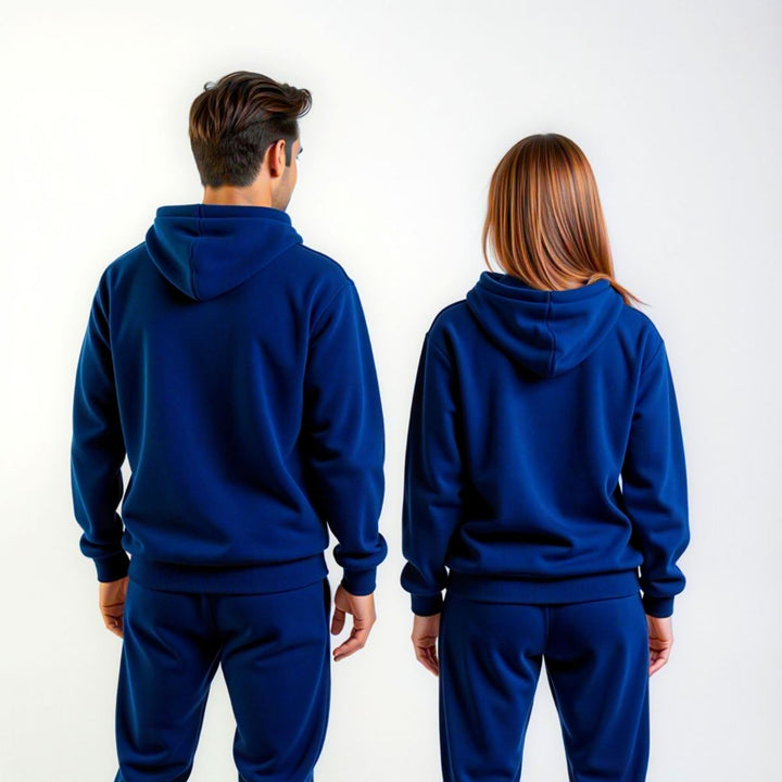 Couples dressed in vibrant royal blue matching tracksuits from CouplesChoices.com, combining bold color with modern loungewear design—crafted for statement comfort and elevated casualwear.