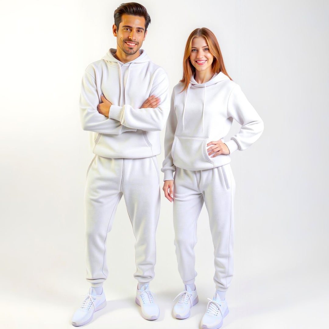 Couples styled in crisp white matching tracksuits from CouplesChoices.com, delivering a clean, minimalist aesthetic with premium comfort—designed for elevated everyday wear.