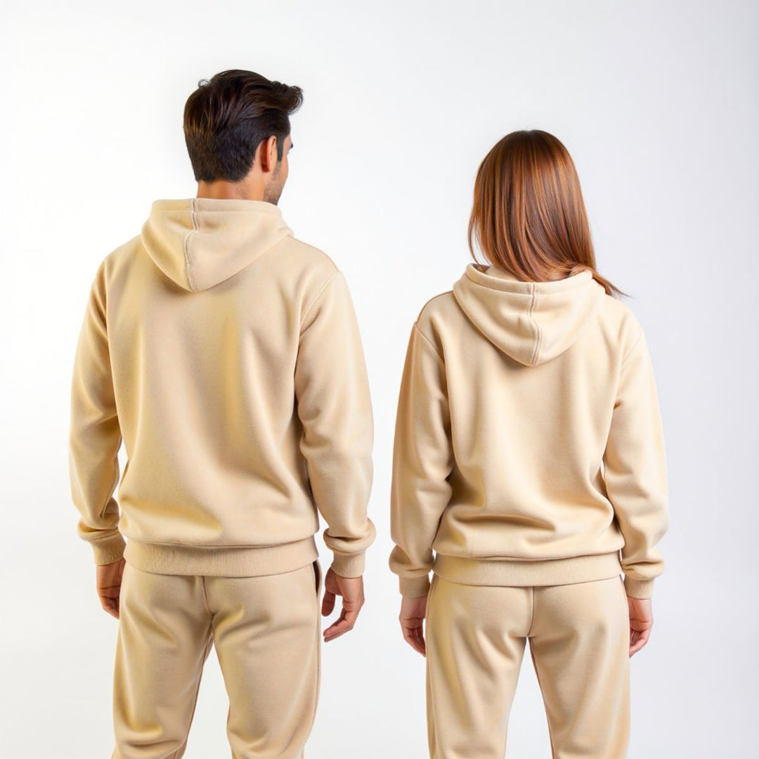 Couples wearing matching beige tracksuits from CouplesChoices.com, showcasing coordinated loungewear with a modern, minimalist design—perfect for casual outings or cozy indoor wear.