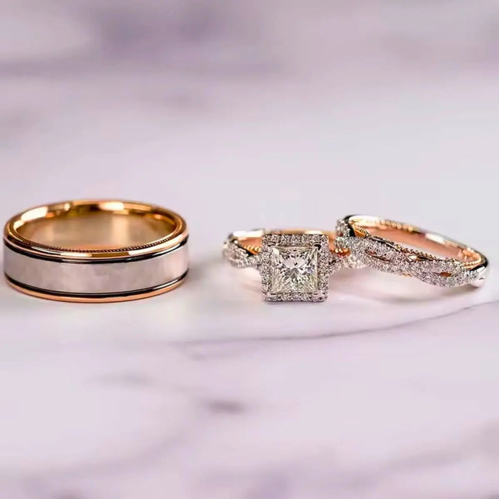 Del Mar ring set by CouplesChoices.com, featuring a princess-cut center diamond with pavé infinity band in rose gold, paired with a hammered silver-tone men’s band with rose gold edges.