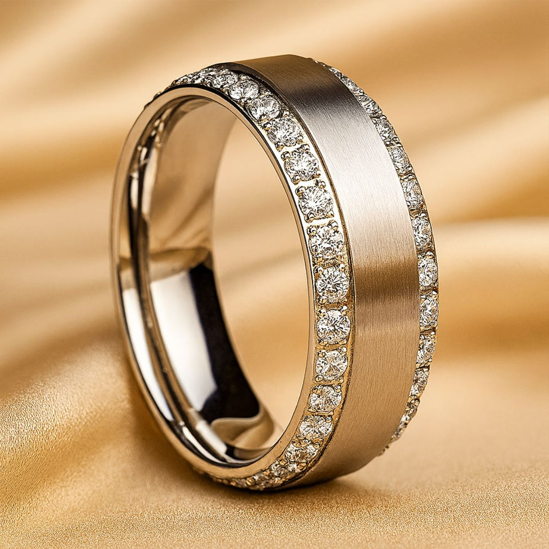 Elegant Hearted Love Rings by CouplesChoices.com, featuring a heart-shaped diamond centerpiece, triple-band pavé setting, and a matching diamond eternity men's band – luxury crafted for timeless commitment and bold style.