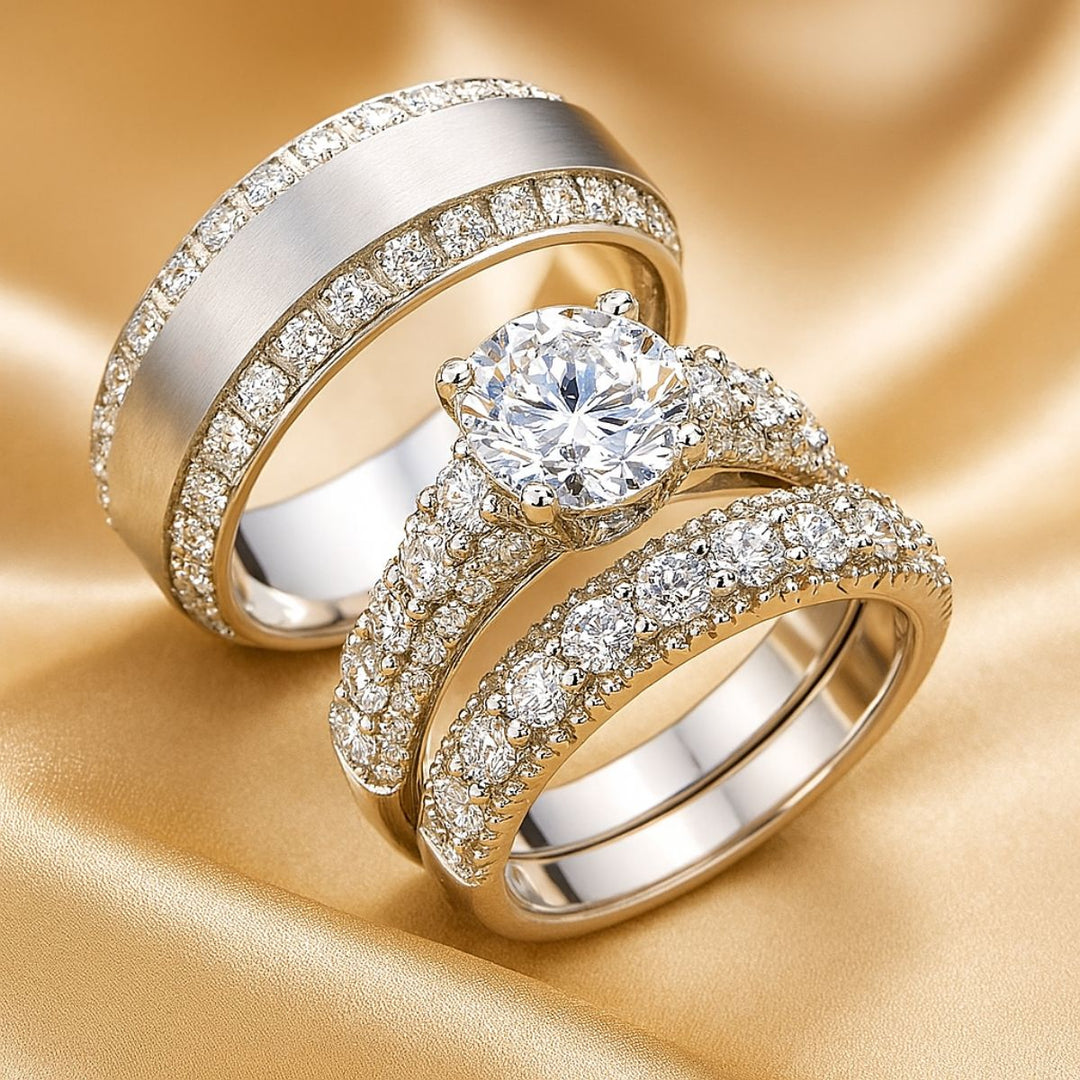 Elegant sterling silver bridal set with flawless pavé-set diamonds and a brilliant round solitaire centerpiece. Timeless in design and luminous in craftsmanship—Ever Rings by CouplesChoices.com defines forever.