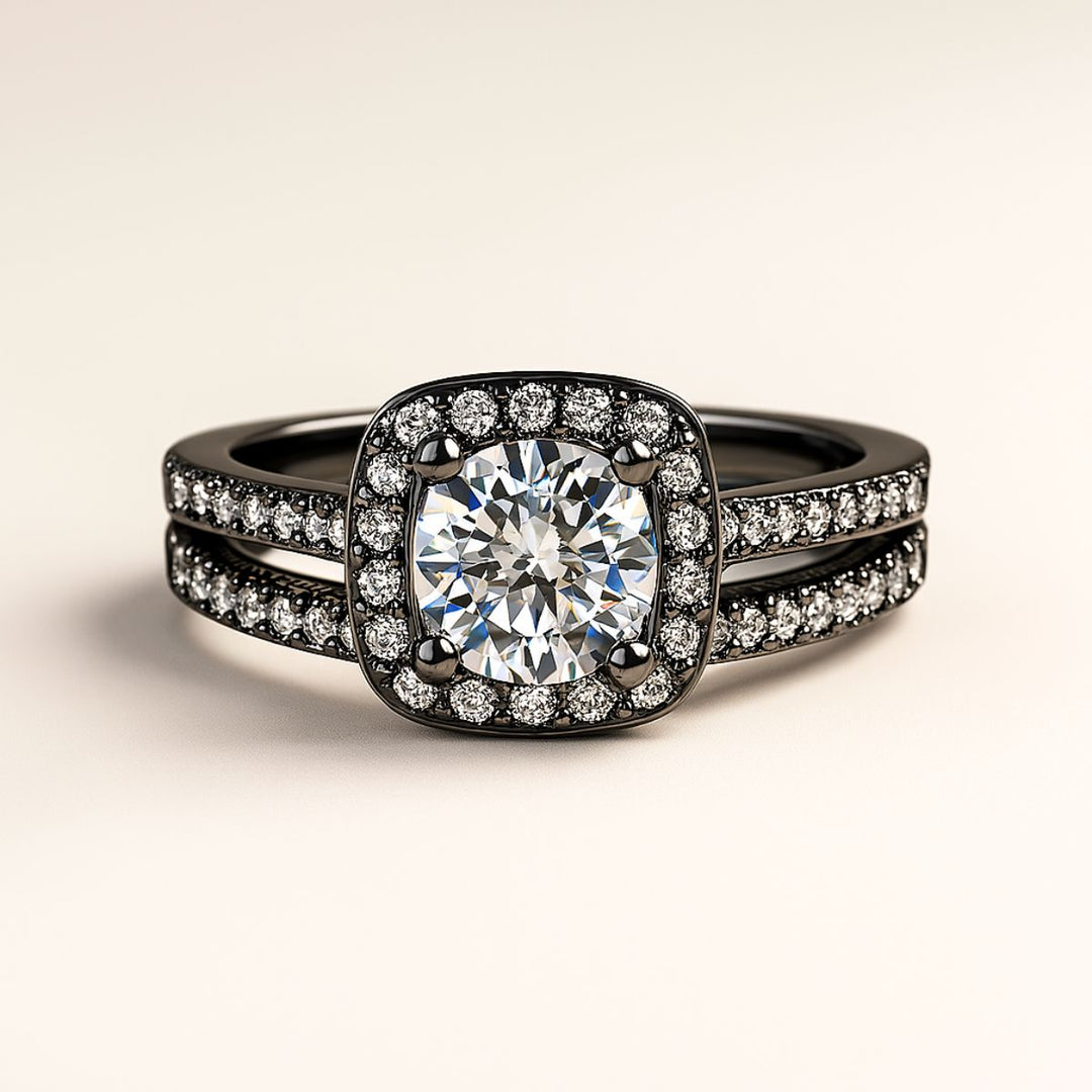 Euphoria Ring Set by CouplesChoices.com featuring a round-cut center stone on a black pavé halo setting, paired with a coordinating diamond-lined wedding band and a bold men’s ring with a full pavé channel.
