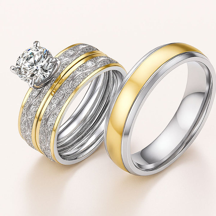 Fall in Love Rings by CouplesChoices.com—featuring a stunning round-cut solitaire and matching bands in silver and gold with textured wave accents. A radiant fusion of elegance and warmth, capturing the golden glow of timeless love.
