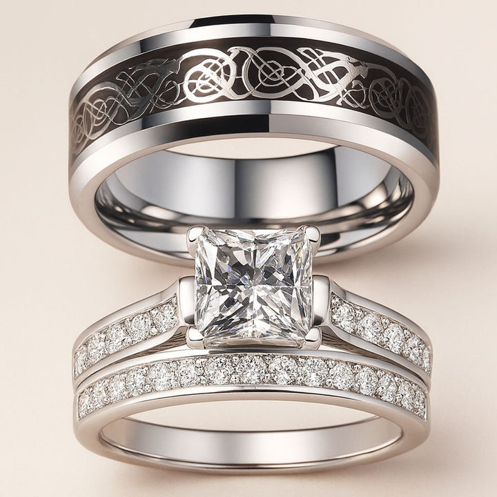 Fervor rings by CouplesChoices.com—flawlessly crafted with a bold Celtic-patterned band and a radiant princess-cut diamond engagement set. A refined celebration of passion, elegance, and timeless commitment for modern royalty.