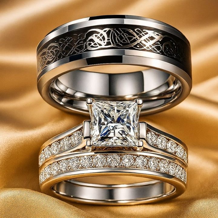 Fervor rings by CouplesChoices.com—flawlessly crafted with a bold Celtic-patterned band and a radiant princess-cut diamond engagement set. A refined celebration of passion, elegance, and timeless commitment for modern royalty.
