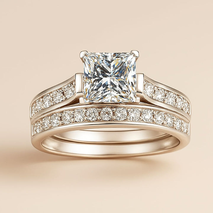 Fervor rings by CouplesChoices.com—flawlessly crafted with a bold Celtic-patterned band and a radiant princess-cut diamond engagement set. A refined celebration of passion, elegance, and timeless commitment for modern royalty.