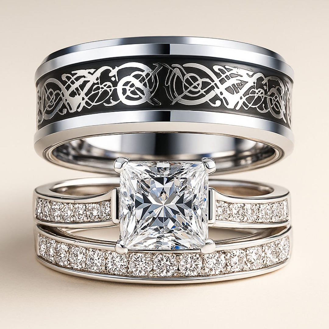 Fervor rings by CouplesChoices.com—flawlessly crafted with a bold Celtic-patterned band and a radiant princess-cut diamond engagement set. A refined celebration of passion, elegance, and timeless commitment for modern royalty.