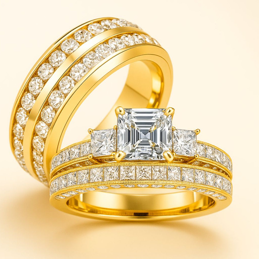 Flamenco Love wedding ring set from CouplesChoices.com, crafted in radiant gold with pavé-set diamonds, featuring a princess-cut center stone and matching band—elegantly designed for timeless romance and bold sophistication.