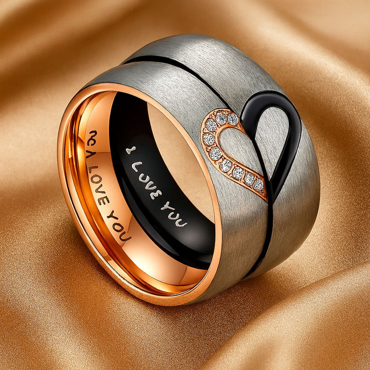 Forever in my Heart Rings by CouplesChoices.com – brushed silver matching couple rings with rose gold interior, forming a heart when placed together. One ring features sparkling cubic zirconia stones, symbolizing unity and eternal love.
