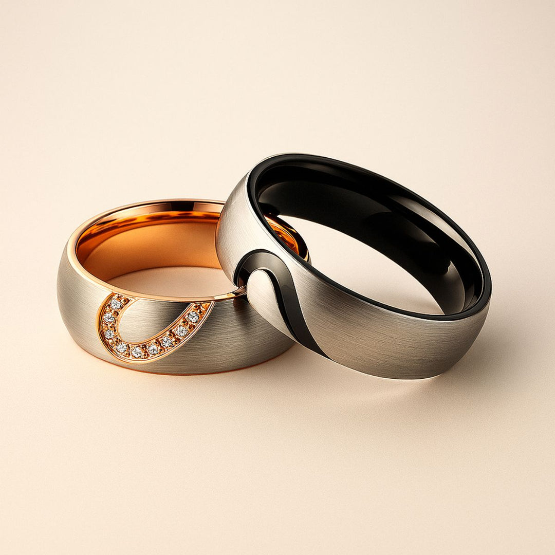 Forever in my Heart Rings by CouplesChoices.com – brushed silver matching couple rings with rose gold interior, forming a heart when placed together. One ring features sparkling cubic zirconia stones, symbolizing unity and eternal love.