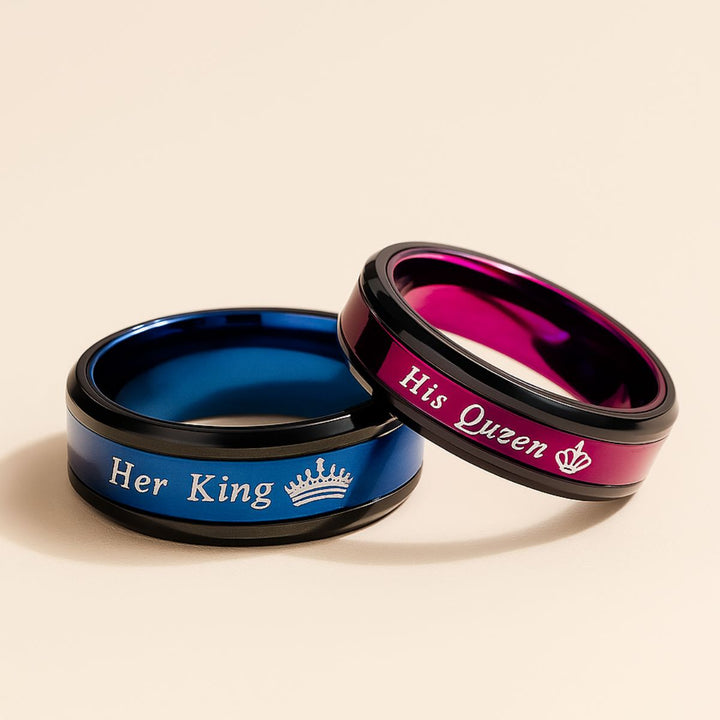 Love Blossom Rings by CouplesChoices.com—vivid titanium bands in electric blue and royal magenta, engraved with “Her King” and “His Queen.” A bold, vibrant tribute to passionate love and colorful devotion that knows no boundaries.