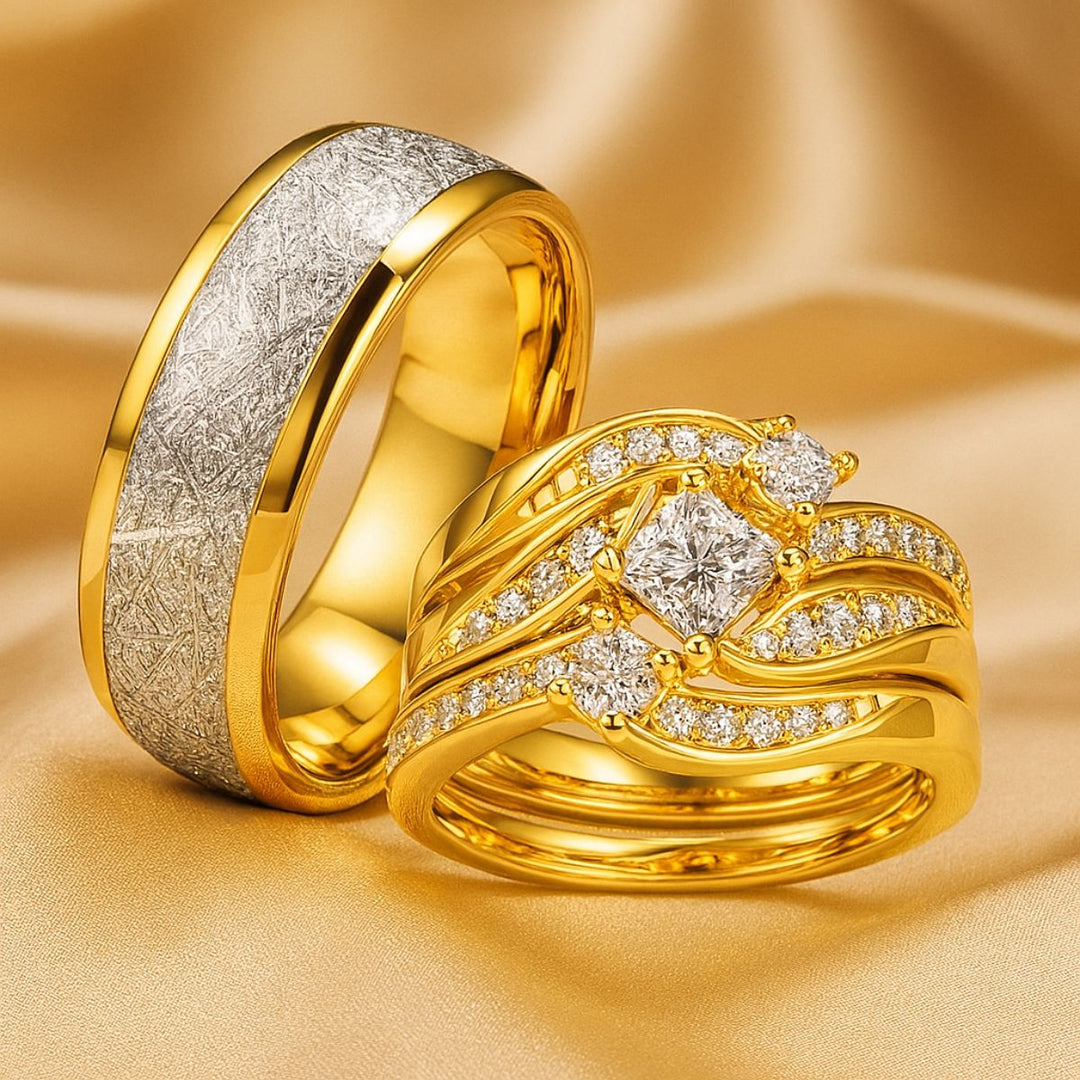Lovely Ring Set by CouplesChoices.com featuring a gold-plated bridal trio with a radiant princess-cut center stone, flowing pavé-accented bands, and a textured two-tone men’s ring—crafted to embody elegance, unity, and timeless love.