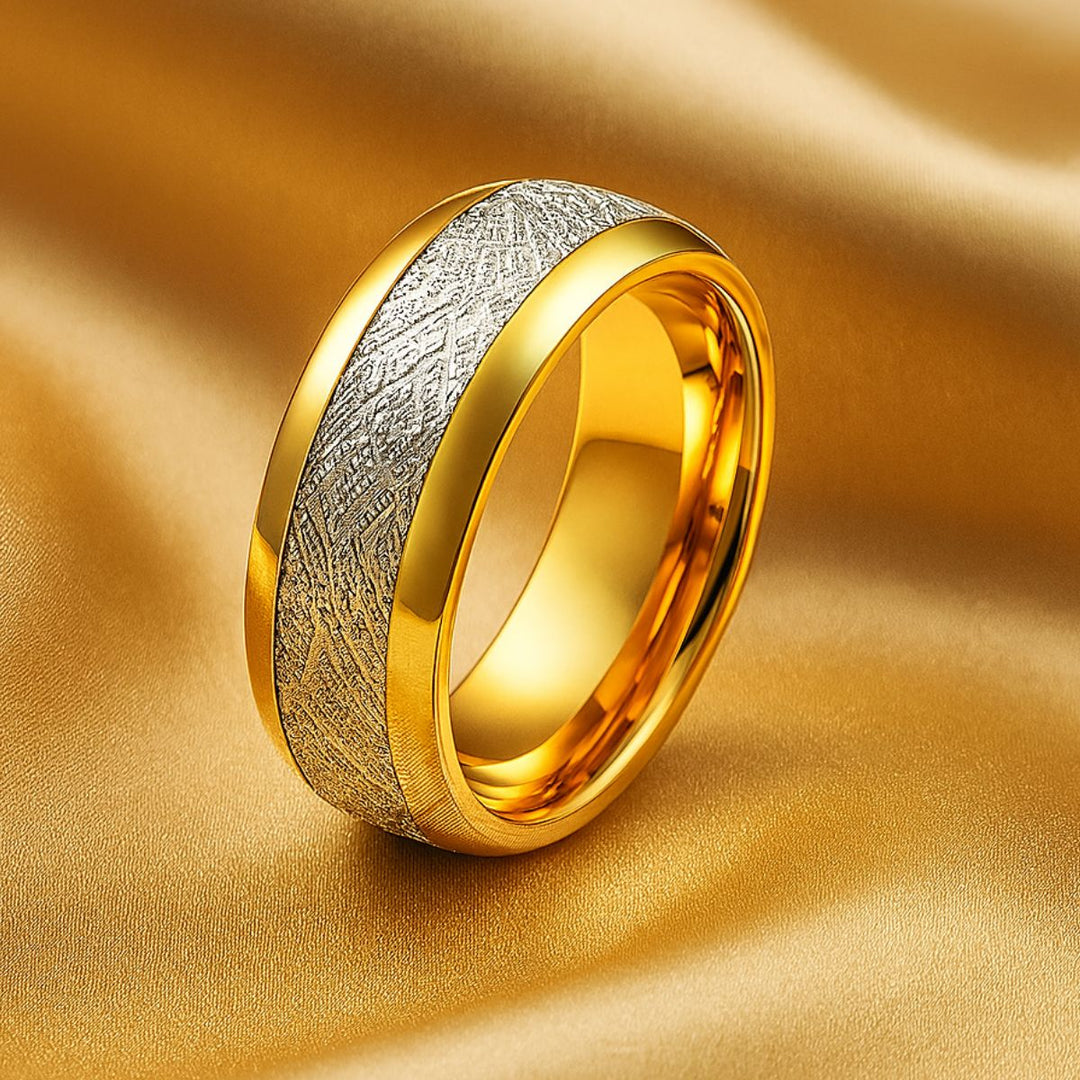 Lovely Ring Set by CouplesChoices.com featuring a gold-plated bridal trio with a radiant princess-cut center stone, flowing pavé-accented bands, and a textured two-tone men’s ring—crafted to embody elegance, unity, and timeless love.