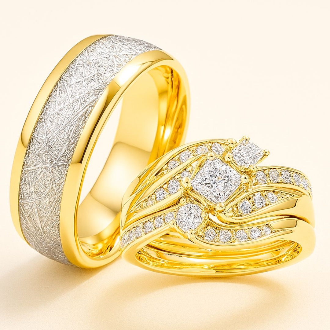Lovely Ring Set by CouplesChoices.com featuring a gold-plated bridal trio with a radiant princess-cut center stone, flowing pavé-accented bands, and a textured two-tone men’s ring—crafted to embody elegance, unity, and timeless love.