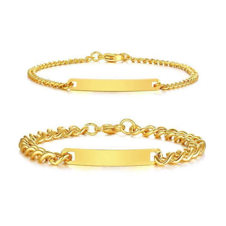 Matching engraved couple bracelets with minimalist chain link design in silver, gold, and black finishes, featuring personalized nameplate tags—romantic gift for couples by CouplesChoices.com.