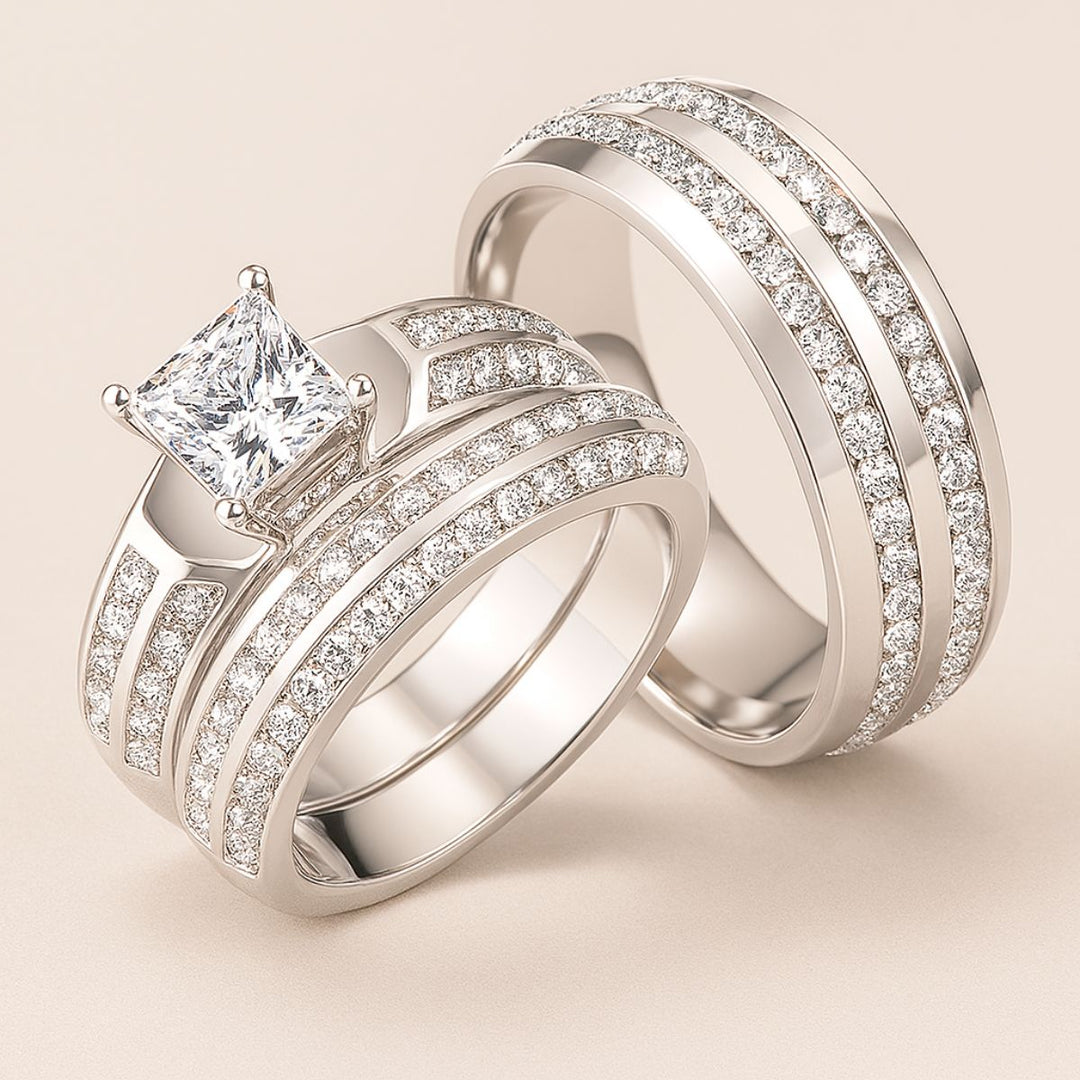 Miracle Ring Set by CouplesChoices.com showcasing a princess-cut center stone on a pavé-set engagement ring, paired with a matching eternity band and a coordinating dual-row men’s band in polished white gold—crafted for timeless brilliance.