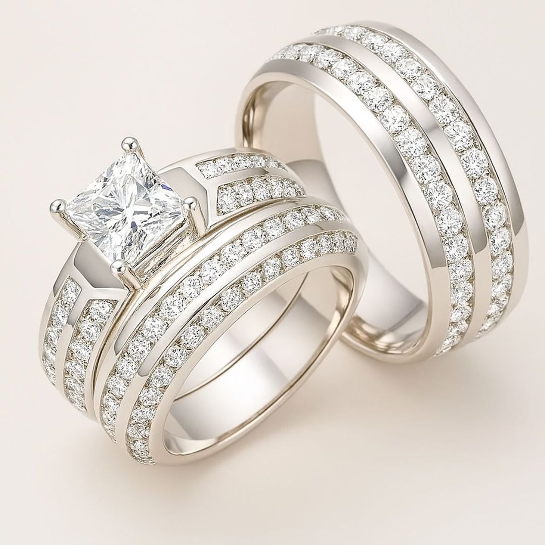 Miracle Ring Set by CouplesChoices.com showcasing a princess-cut center stone on a pavé-set engagement ring, paired with a matching eternity band and a coordinating dual-row men’s band in polished white gold—crafted for timeless brilliance.