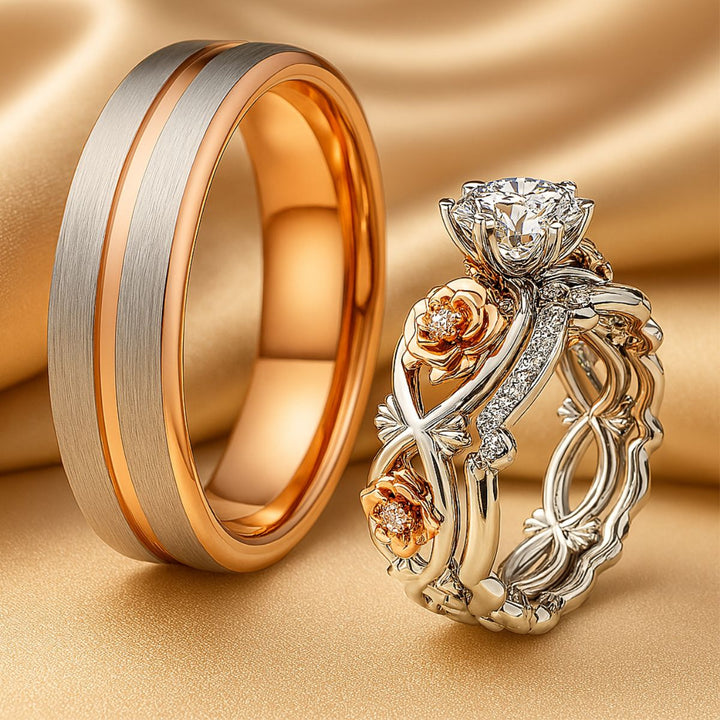 My Angel Rings by CouplesChoices.com—exquisite rose-gold floral detailing, diamond-studded elegance, and sculpted bands that celebrate love as rare and eternal as your bond.