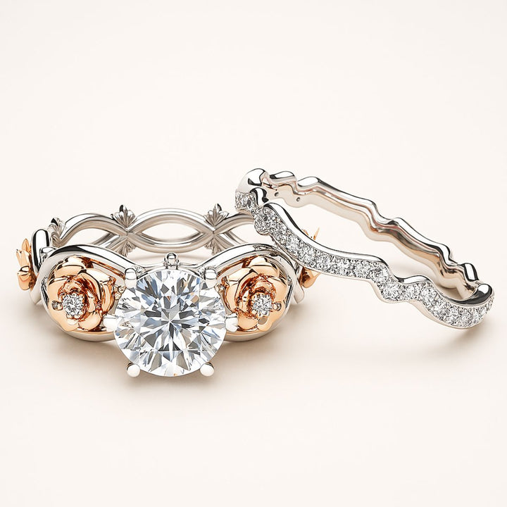 My Angel Rings by CouplesChoices.com—exquisite rose-gold floral detailing, diamond-studded elegance, and sculpted bands that celebrate love as rare and eternal as your bond.